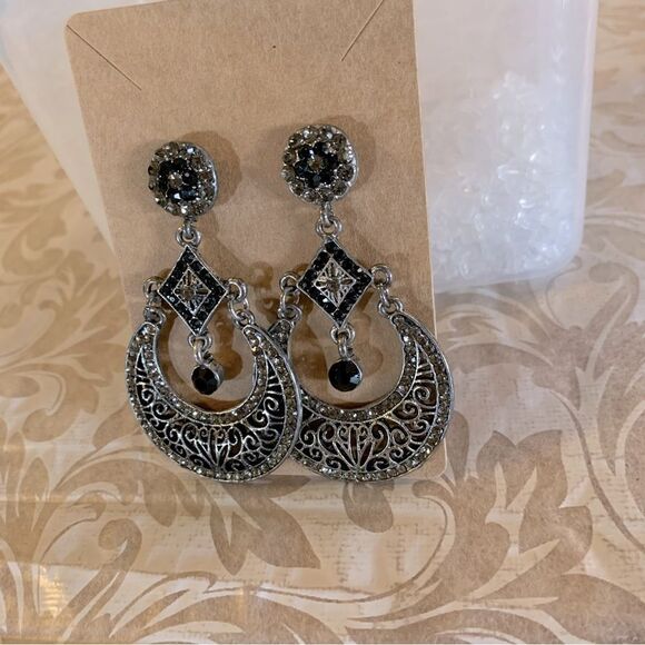 Victorian Inspired Drop Dangle Earrings Silver Tone w/ Clear & Black Crystals 3” - Picture 2 of 4